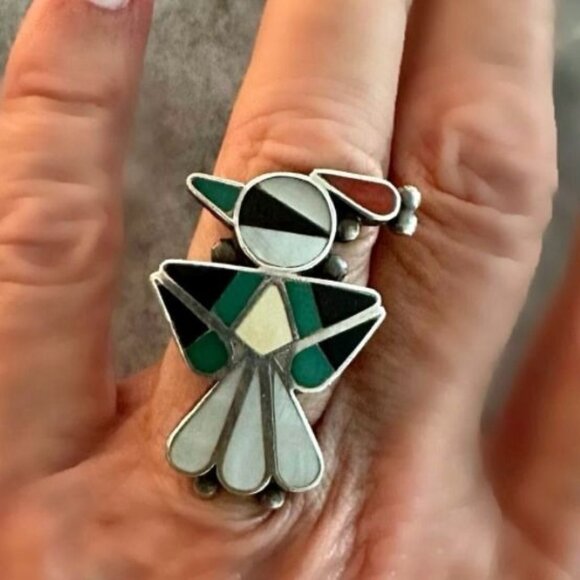 Early Vintage Zuni Native American Bird Ring Inlaid Gemstones Size 5 - Picture 6 of 13